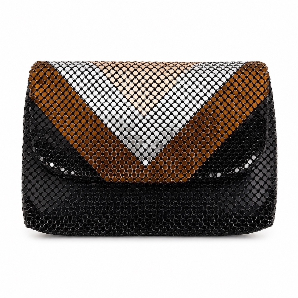 Vintage Style Metal Mesh Chevron Clutch Bag Black Gold Silver‎ Evening Purse